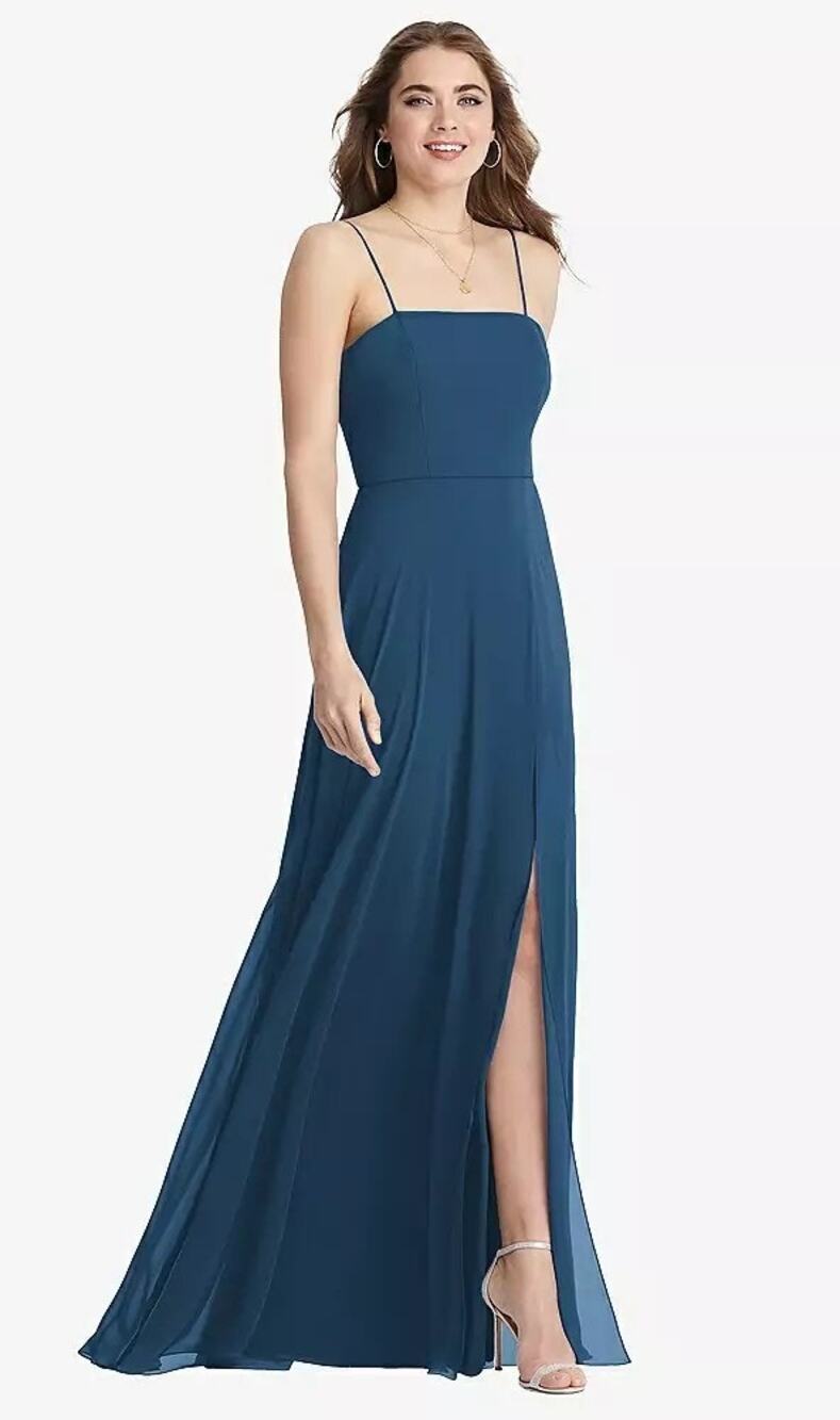 2836 NWT LB012 Lovely Square Neck Chiffon Dress w/Front Slit Elliott Dusk Blue